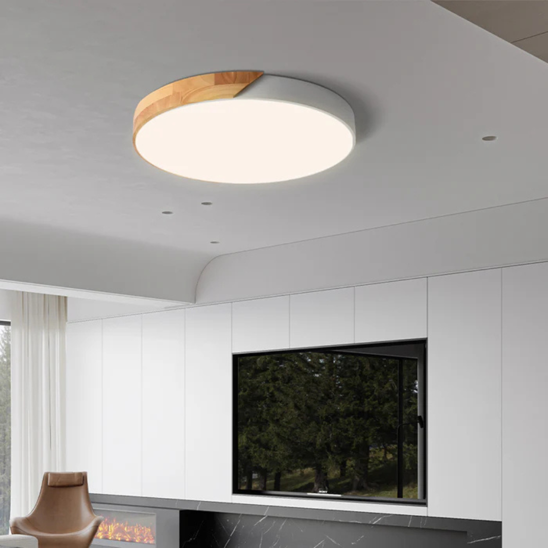 Scandinavian wood LED ceiling light, round modern indoor flush mount