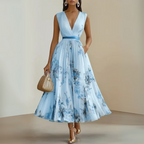 Women flowy pleated midi dress in beige, lightweight casual summer style