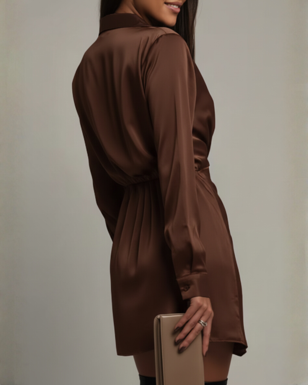 Long sleeve mini dress with wrap detail and collared neckline, regular fit