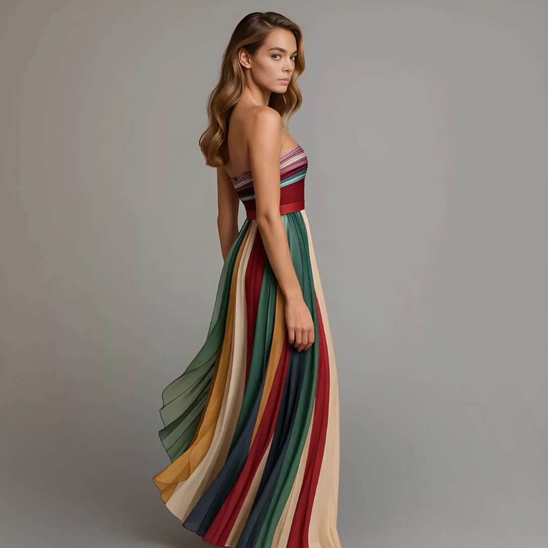 Women's strapless maxi dress with pleated panel skirt, full length formal silhouette
