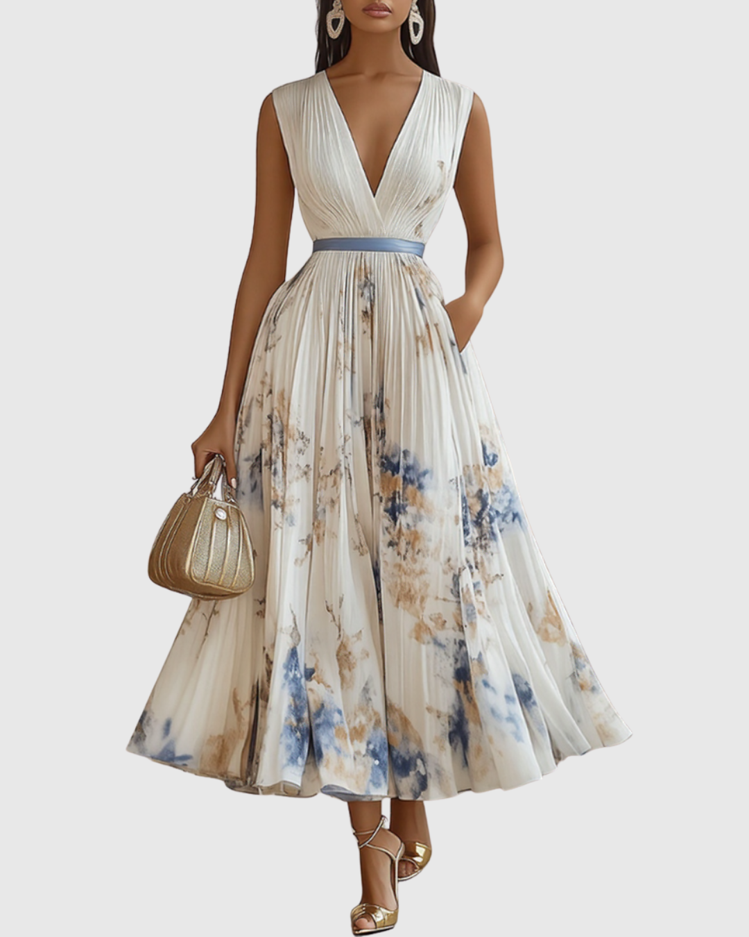 Pleated maxi dress V-neck long sleeve with ribbon-tie waist and floral pattern