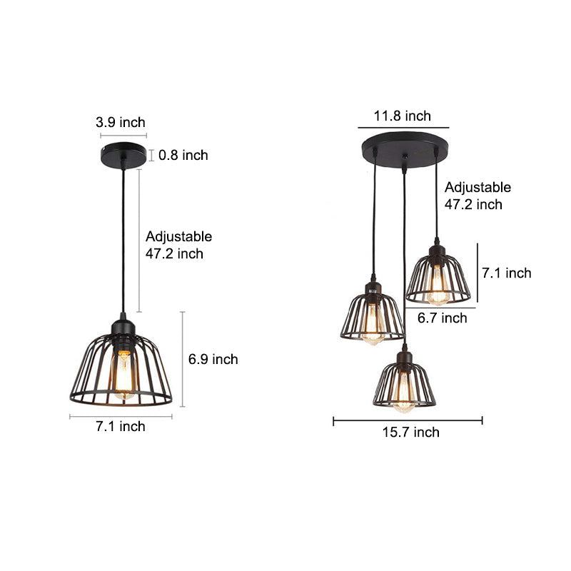 Industrial chandelier black iron cage LED retro style 1 or 3 light pendant
