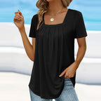 Women's blouse square neck short sleeve with pleated detail, lightweight summer top