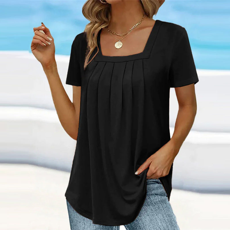 Women's blouse square neck short sleeve with pleated detail, lightweight summer top