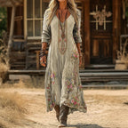 Women vintage V-neck long sleeve casual dress calf length flowing fit