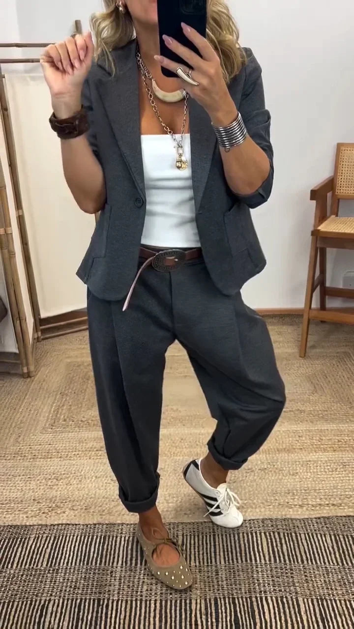Women 2 Piece Blazer Tapered Trousers Set with single button and rolled sleeves