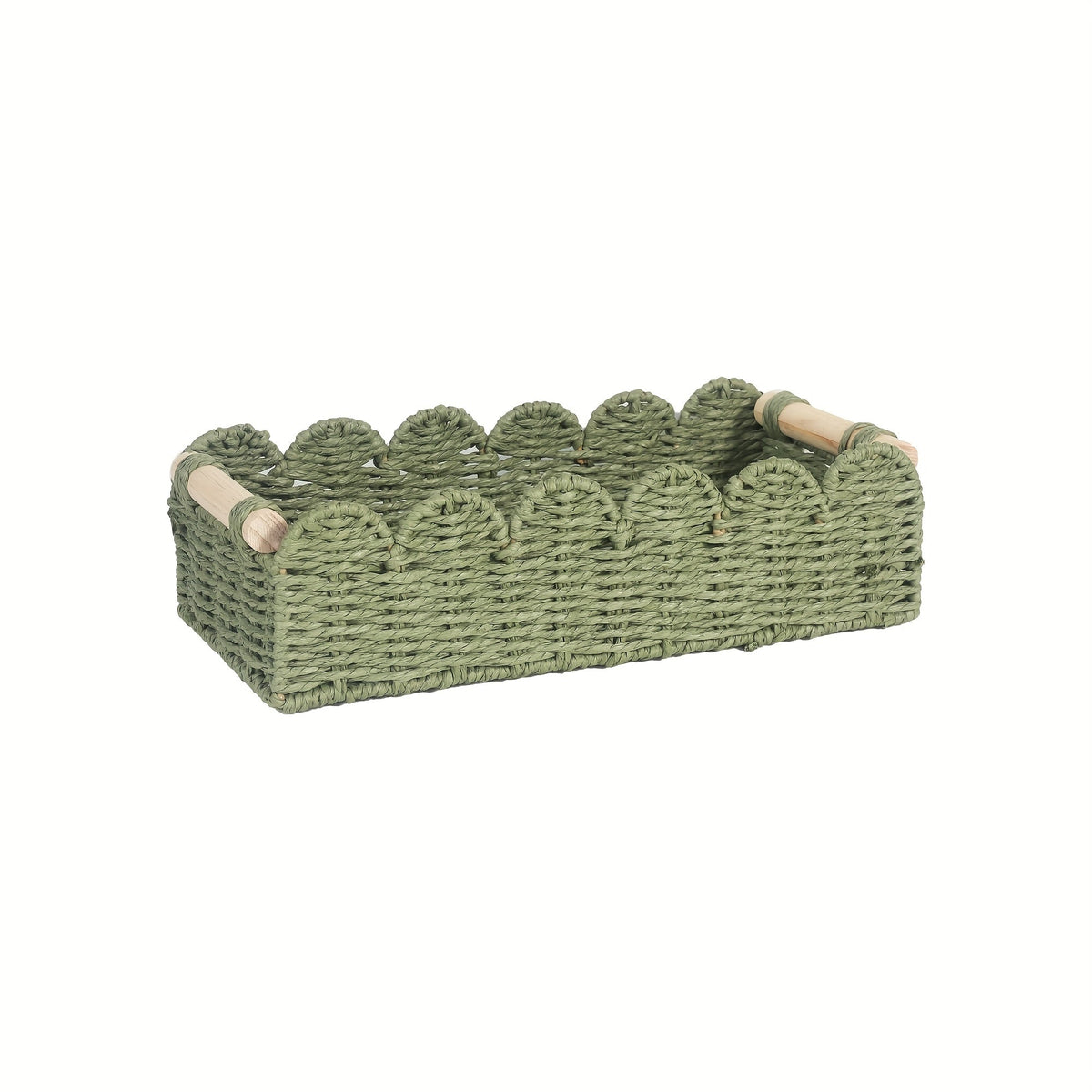 Boho woven storage basket with fan edge, natural fibre, rectangular, 35.5x16x10cm