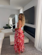 Women tulle floral maxi dress with plunge neckline and 3D flower appliqués