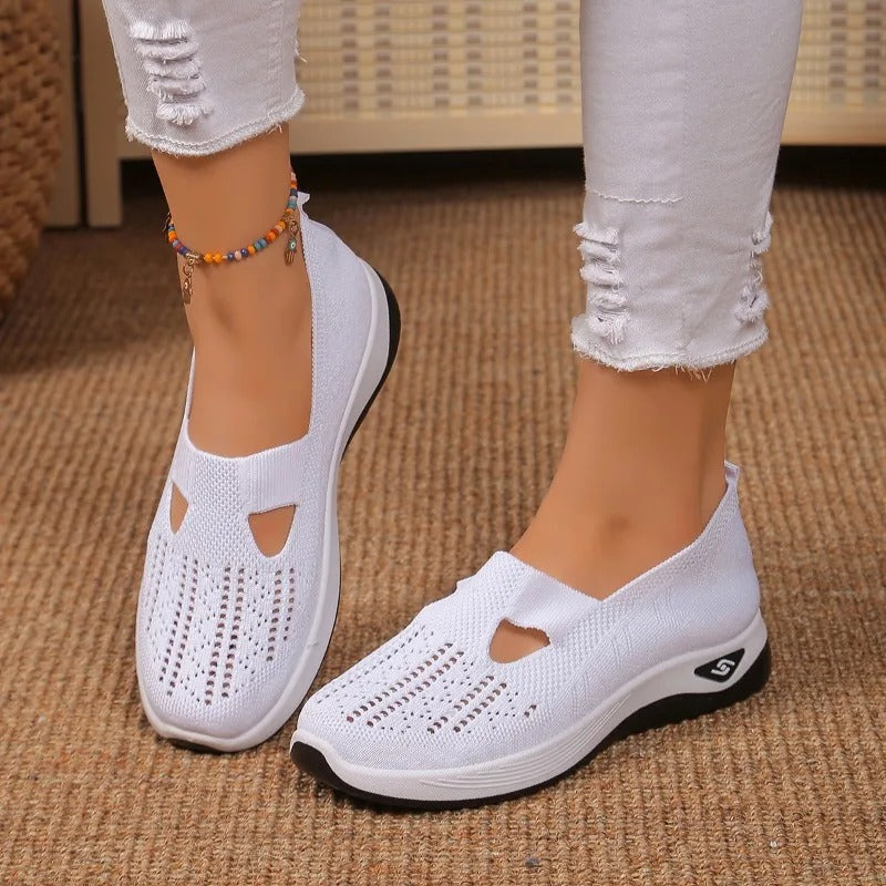Women's orthopaedic slip-on shoes with knitted upper and thick cushioned sole
