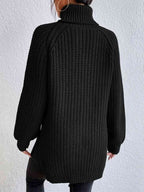 Women ribbed knit turtleneck sweater with side slit hem, autumn winter