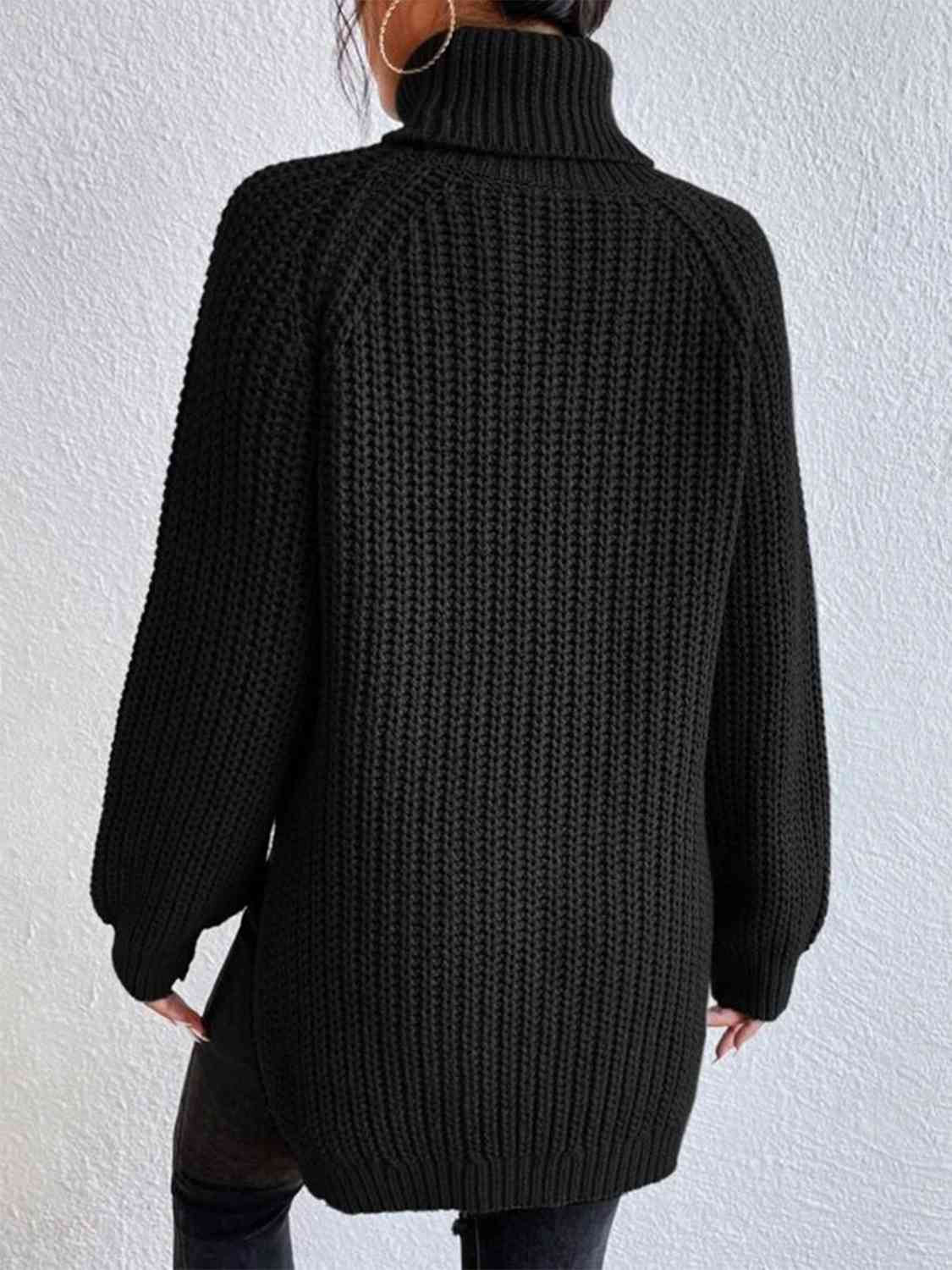 Women ribbed knit turtleneck sweater with side slit hem, autumn winter