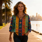 Women's cotton blouse with vintage print and long sleeves, relaxed fit summer shirt