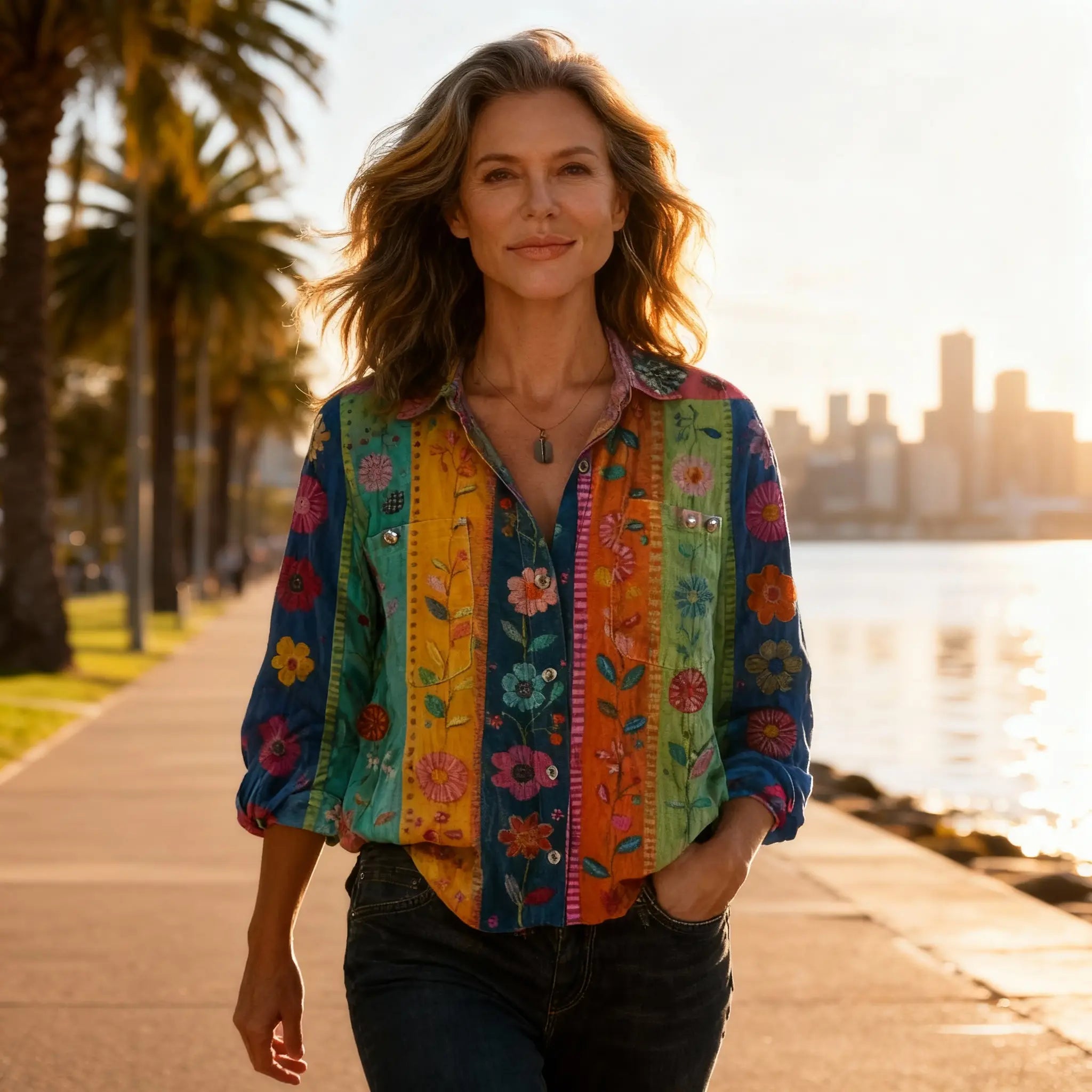 Women's cotton blouse with vintage print and long sleeves, relaxed fit summer shirt