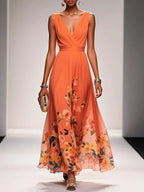 Women's floral print wedding guest dress, A-line V-neck flowing silhouette