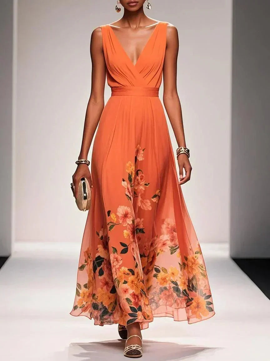Women's floral print wedding guest dress, A-line V-neck flowing silhouette