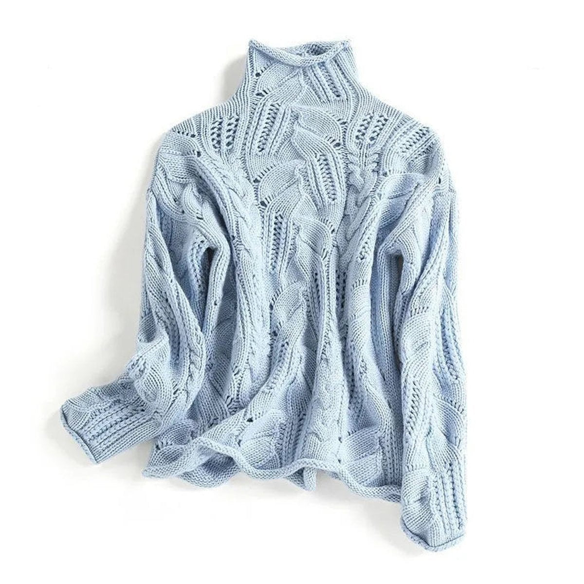 Women cable knit turtleneck sweater relaxed fit in blue beige and black