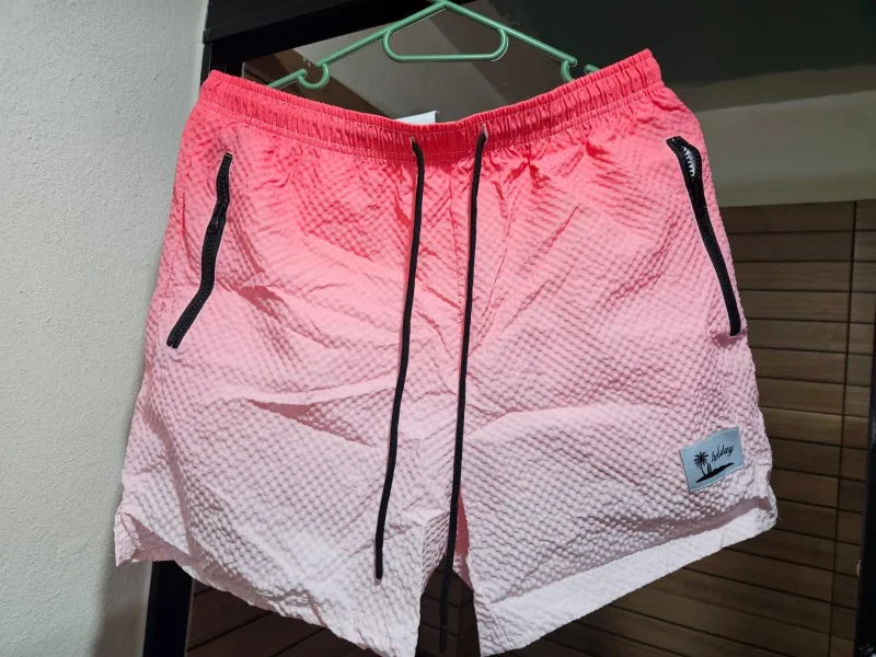 Men Swim Shorts Seersucker Quick Dry Mesh Lined Zipper Pockets