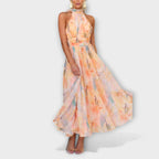 Women watercolor print halter maxi dress flowing silhouette peach