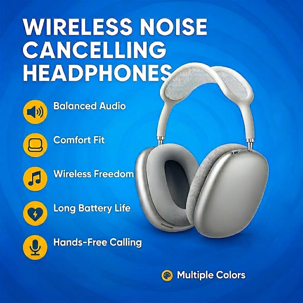 Wireless noise cancelling over-ear headphones with Bluetooth 5.4 and built-in microphone