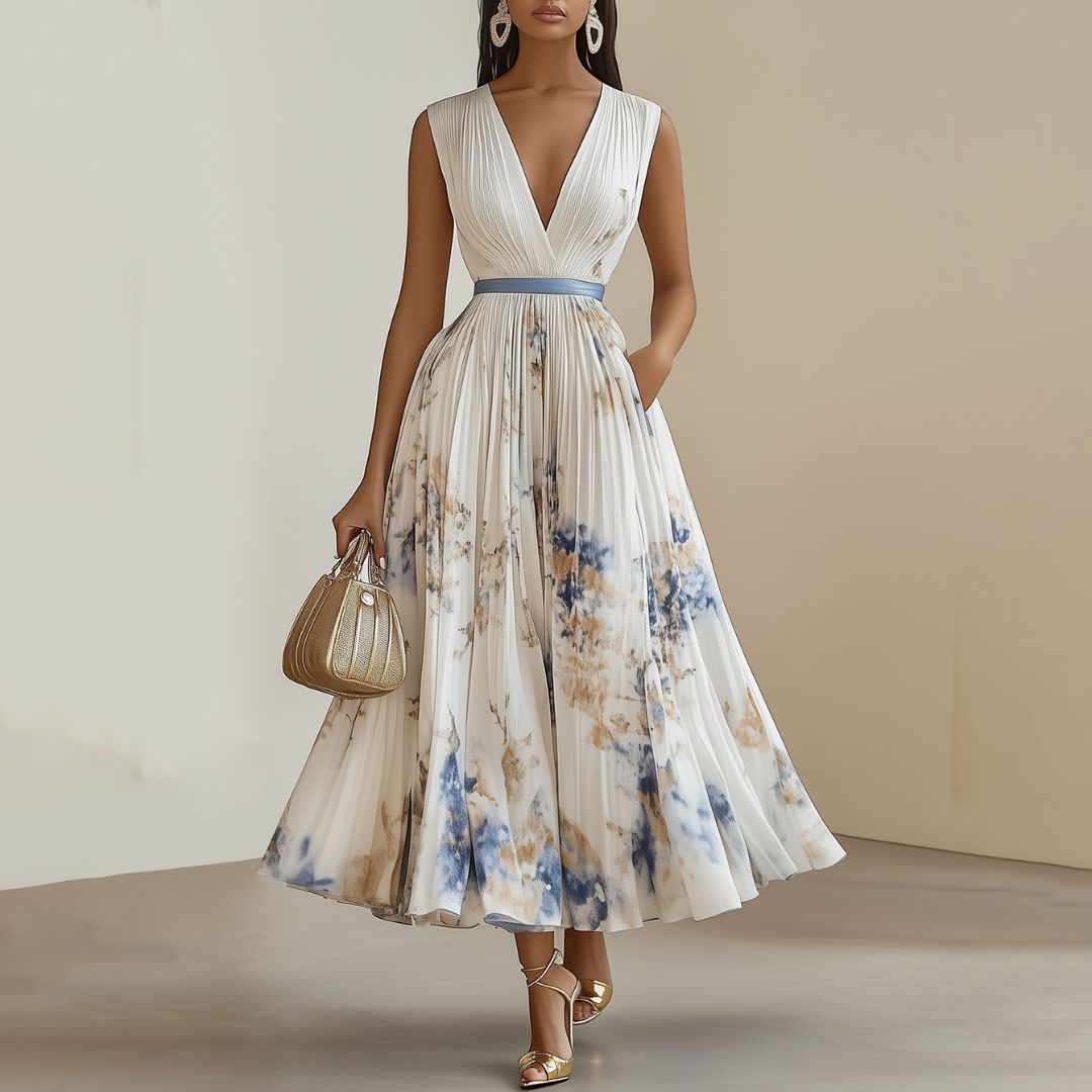 Women floral pleated V-neck maxi dress floor length white floral print