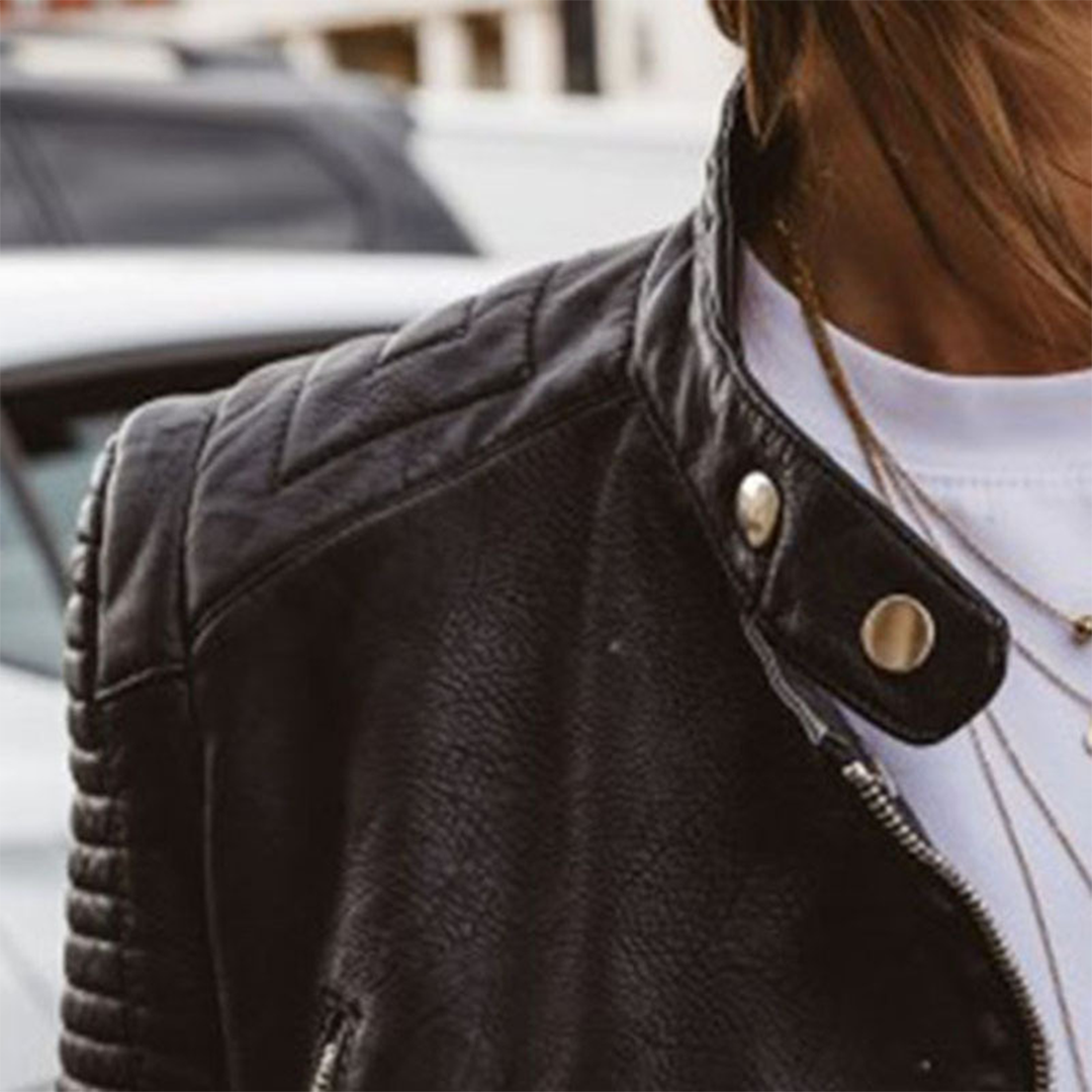 Women vegan leather jacket black minimalist tailored fit
