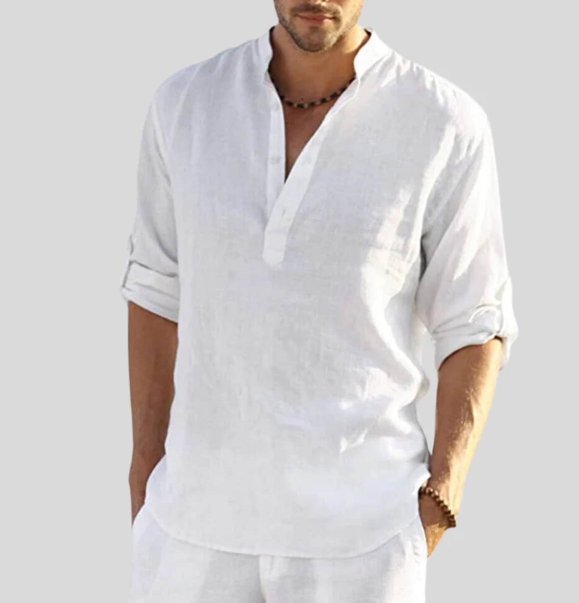 Men's linen shirt with V-neck and relaxed fit, ideal for summer