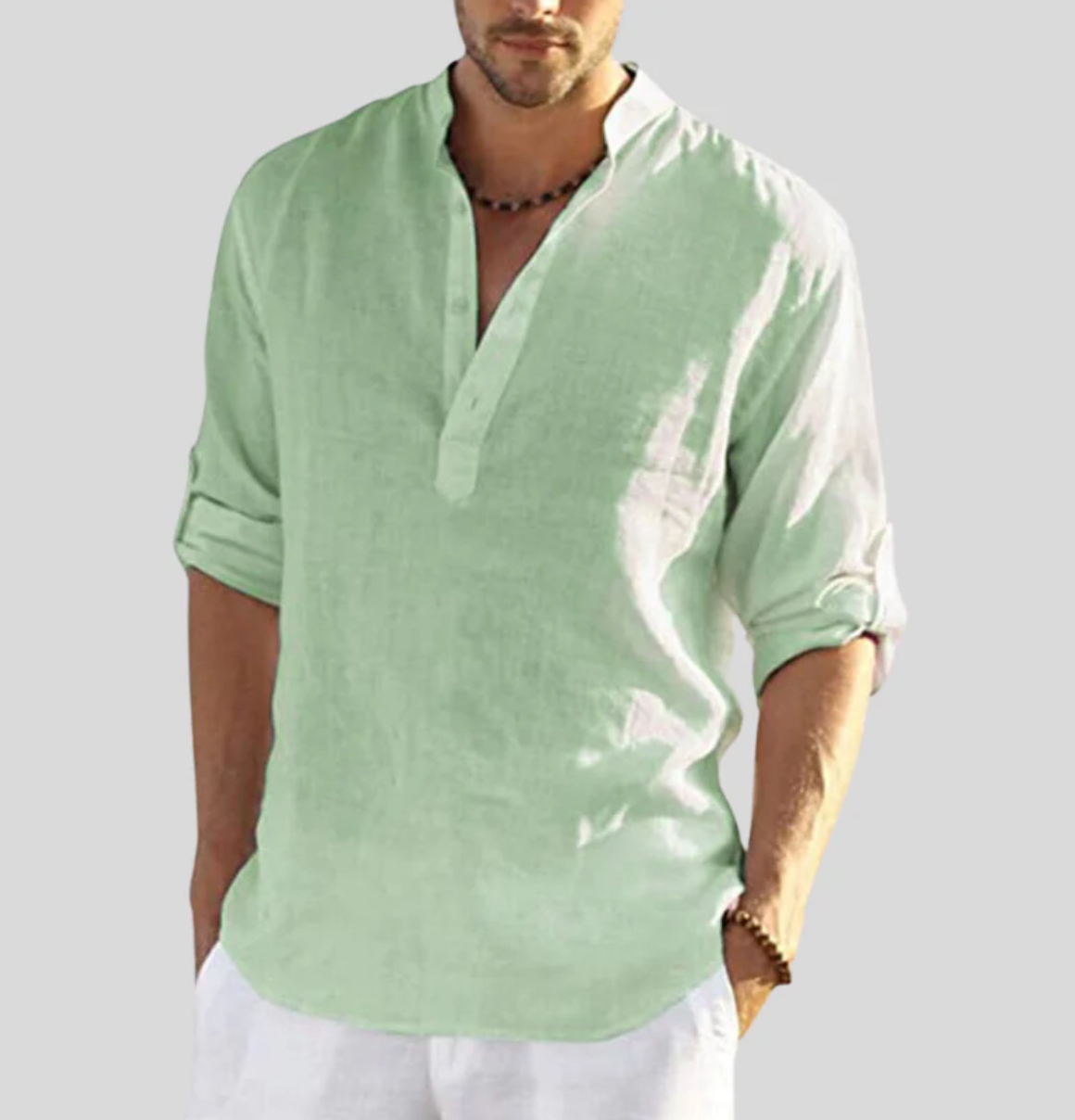 Men's linen shirt with V-neck and relaxed fit, ideal for summer