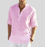 Men's linen shirt with V-neck and relaxed fit, ideal for summer