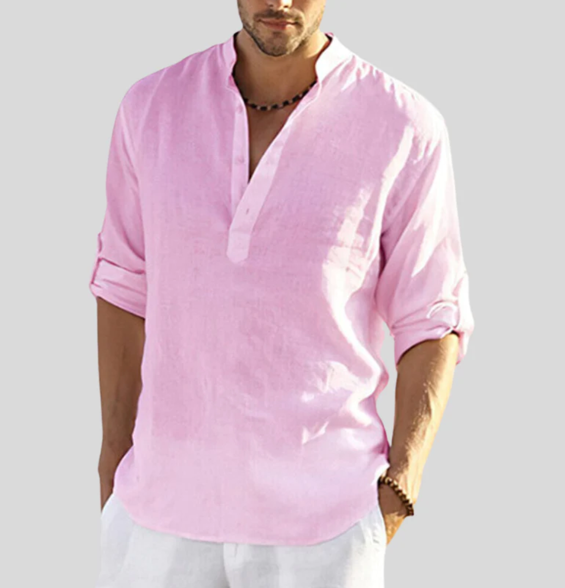 Men's linen shirt with V-neck and relaxed fit, ideal for summer