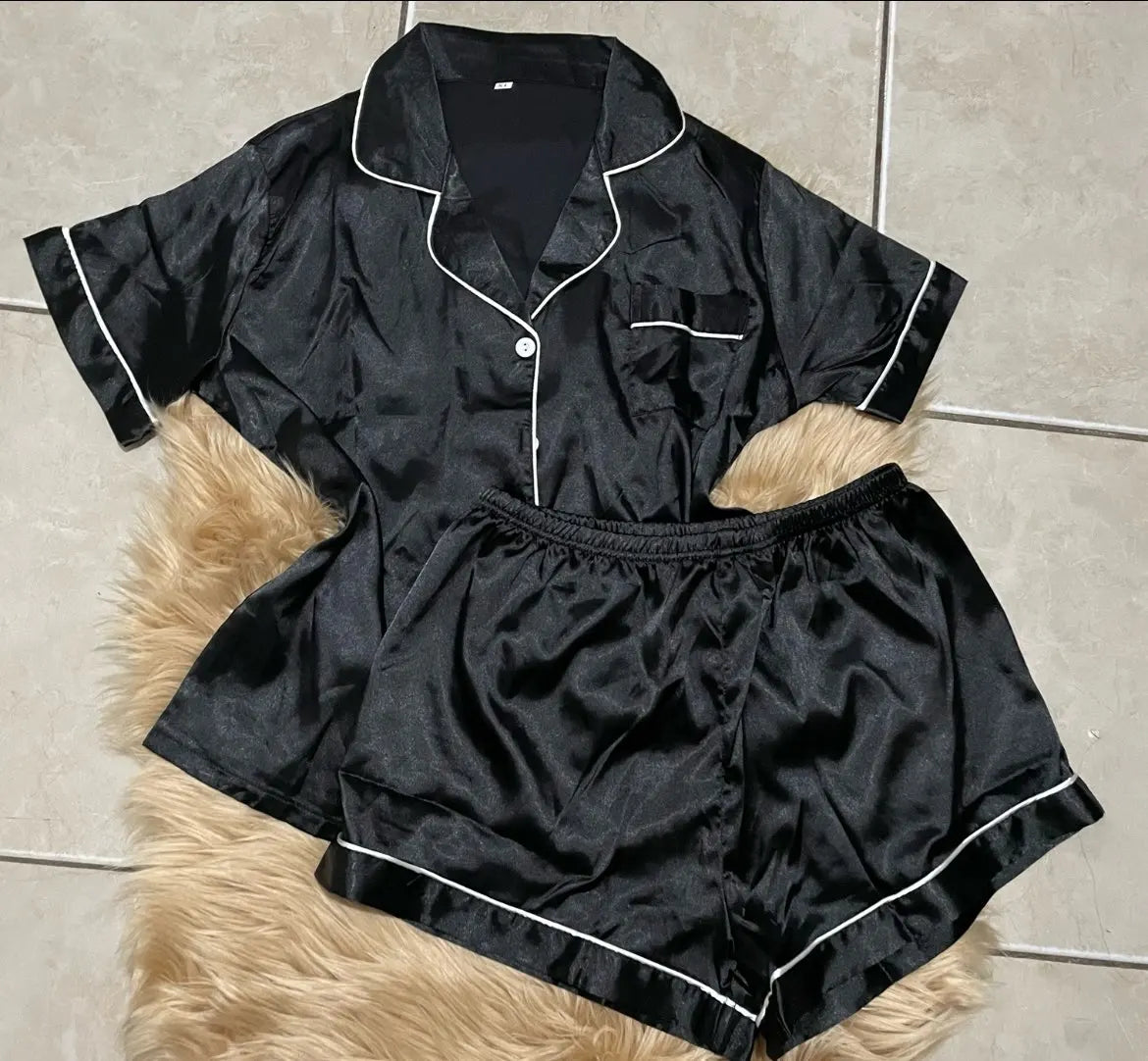 Satin Pajamas Women Short Sleeve Top Shorts 2 Piece Matching Set