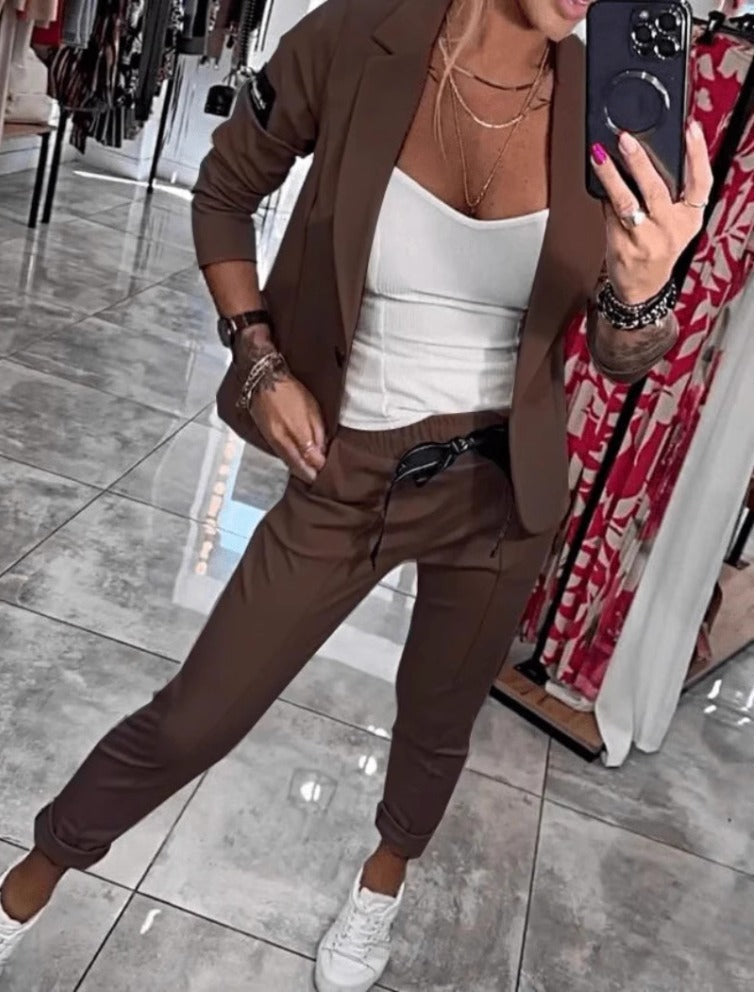 Women's blazer and pants set, two-piece elastic waist office wear