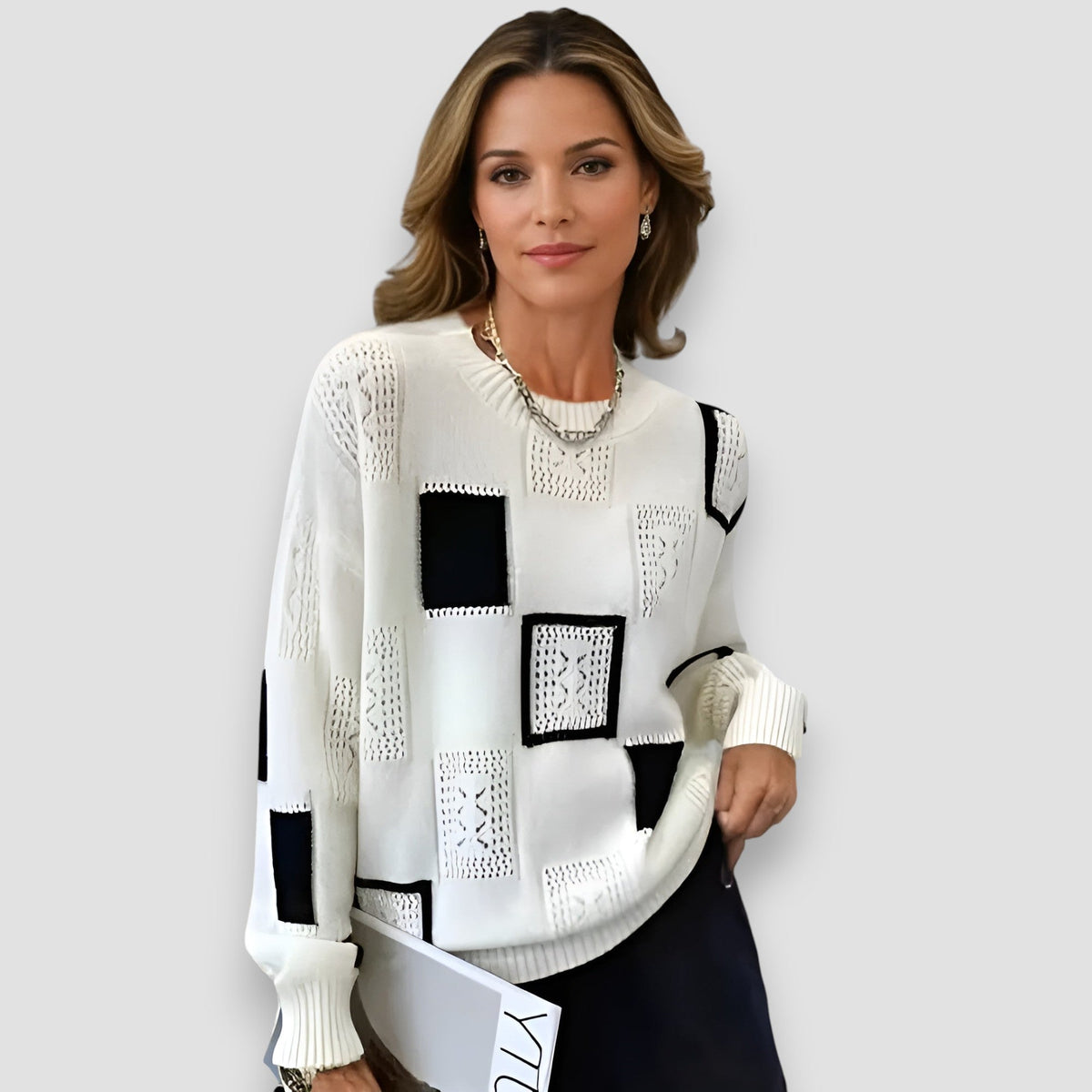 Women knit sweater geometric pattern relaxed fit round neckline