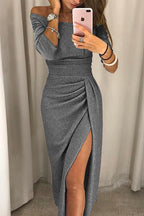 Women off shoulder dress with side slit flowing silhouette