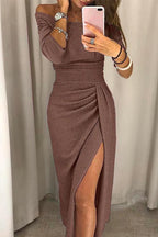 Women off shoulder dress with side slit flowing silhouette