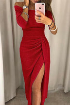 Women off shoulder dress with side slit flowing silhouette