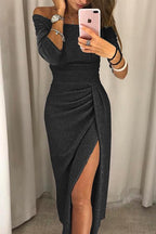 Women off shoulder dress with side slit flowing silhouette
