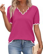 Women's short sleeve V-neck lightweight knit top, business casual style
