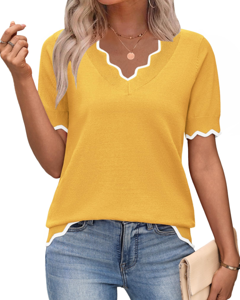 Women's short sleeve V-neck lightweight knit top, business casual style