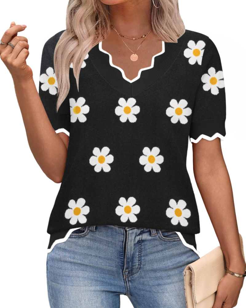 Women's short sleeve V-neck lightweight knit top, business casual style