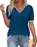 Women's short sleeve V-neck lightweight knit top, business casual style