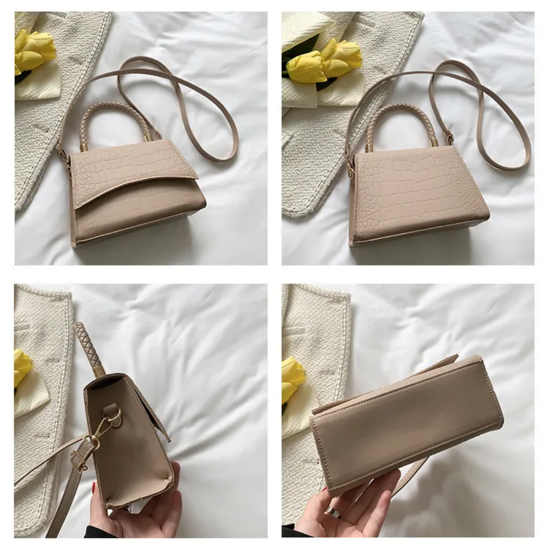 Women's PU leather handbag with top handle and crossbody strap, available in black and khaki