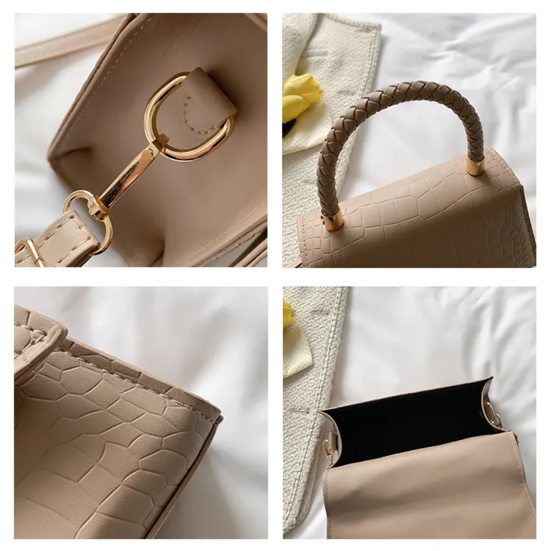 Women's PU leather handbag with top handle and crossbody strap, available in black and khaki