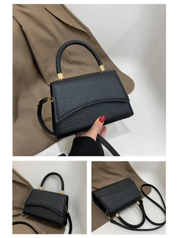 Women's PU leather handbag with top handle and crossbody strap, available in black and khaki