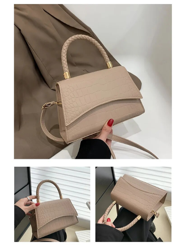 Women's PU leather handbag with top handle and crossbody strap, available in black and khaki