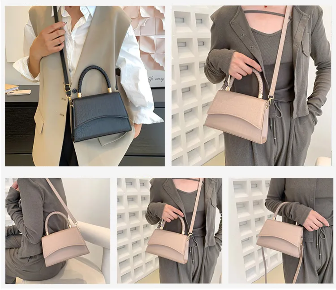 Women's PU leather handbag with top handle and crossbody strap, available in black and khaki