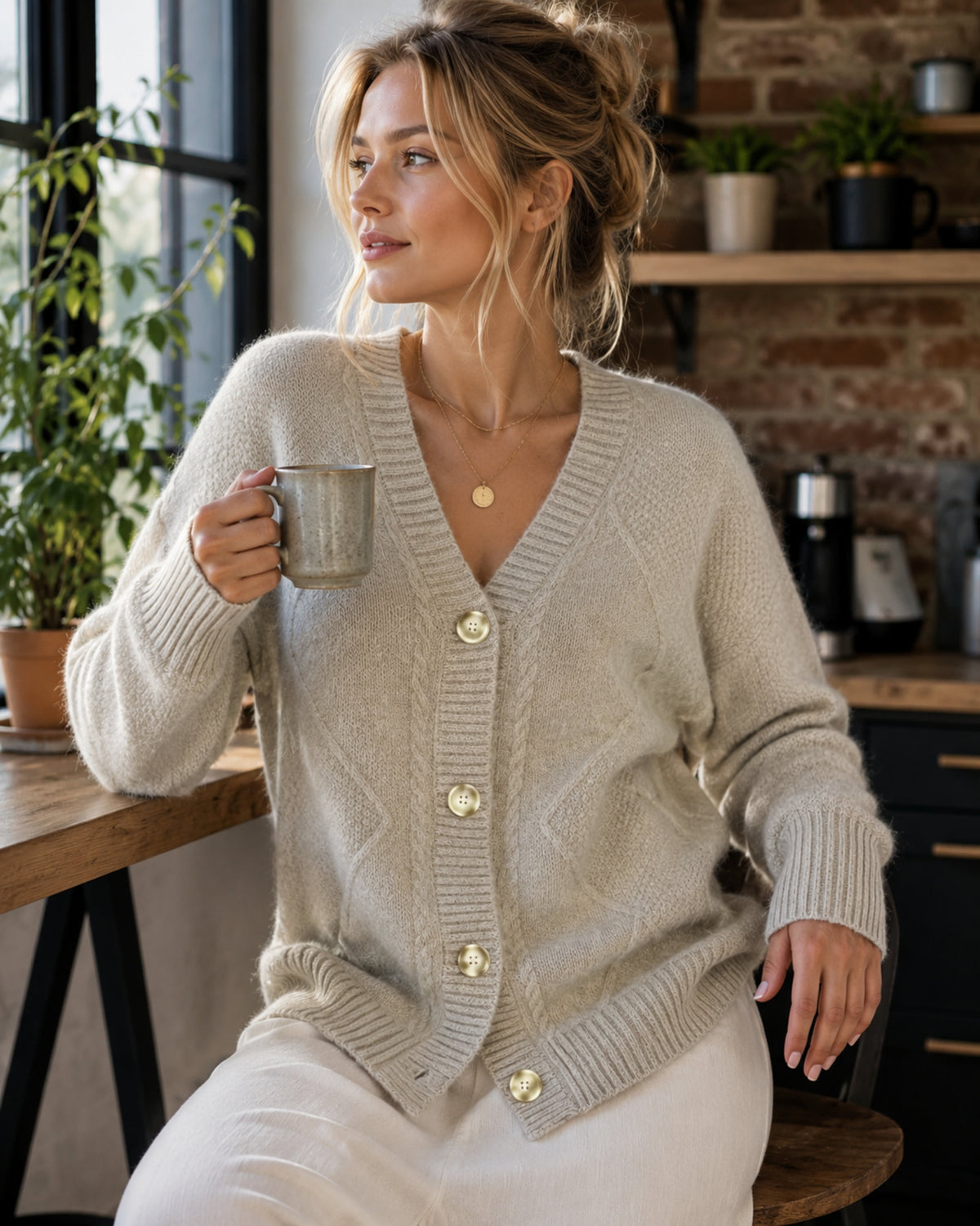 Women's cashmere cardigan button-front long sleeve, lightweight knit layering piece
