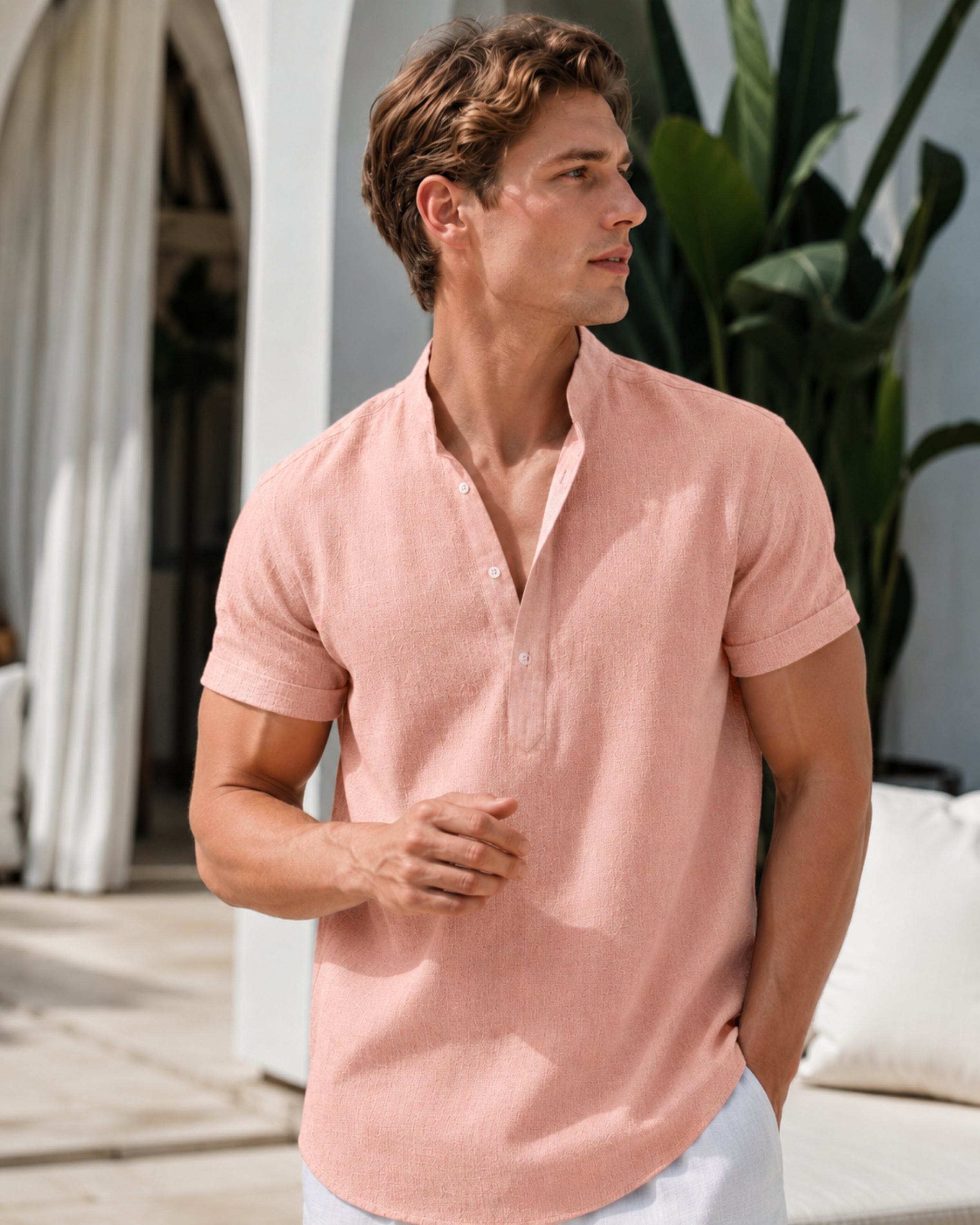 Men's linen shirt with Henley collar and short sleeves, breathable summer fit