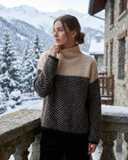 Women's turtleneck sweater cashmere blend, oversized chevron pattern winter knit