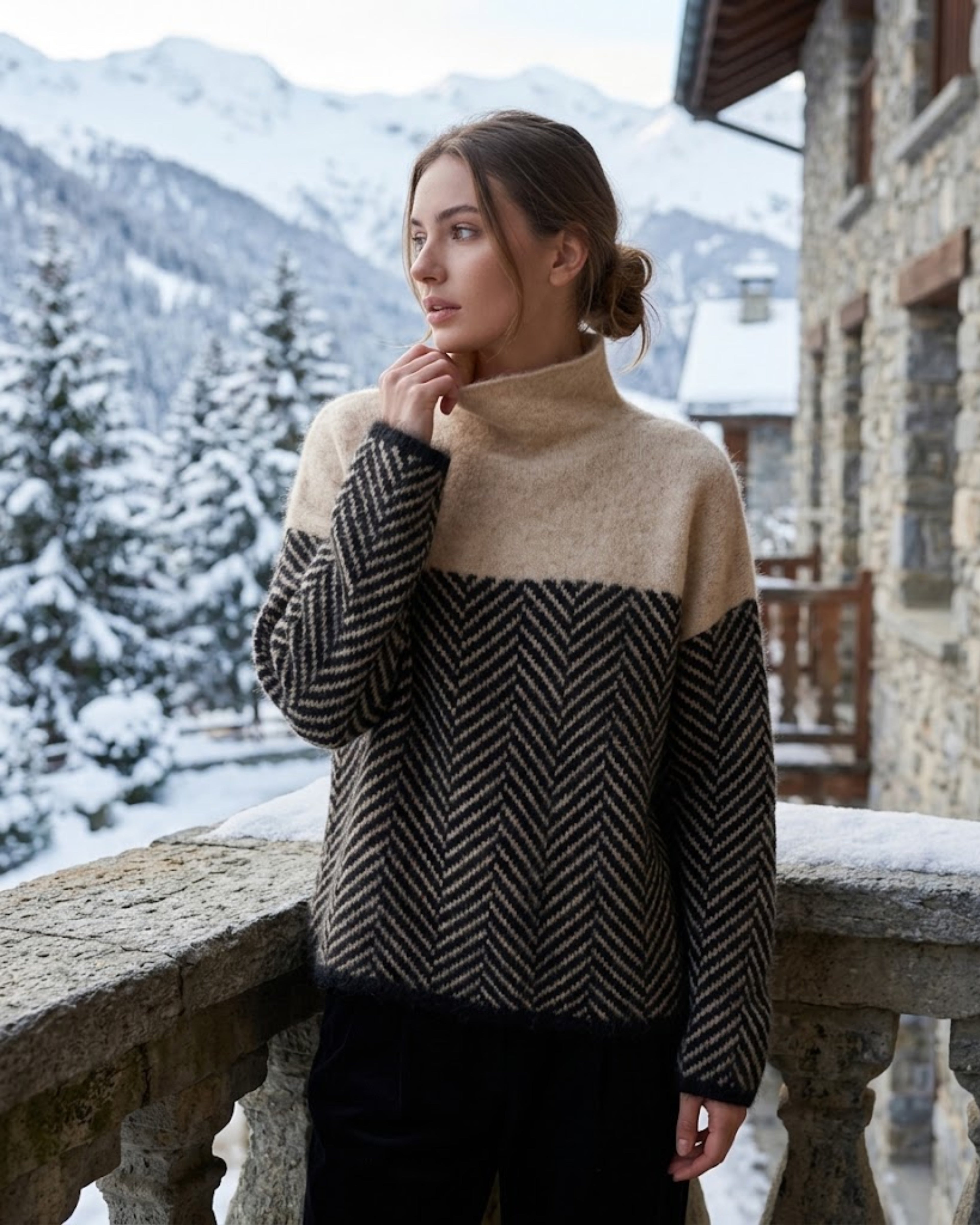 Women's turtleneck sweater cashmere blend, oversized chevron pattern winter knit