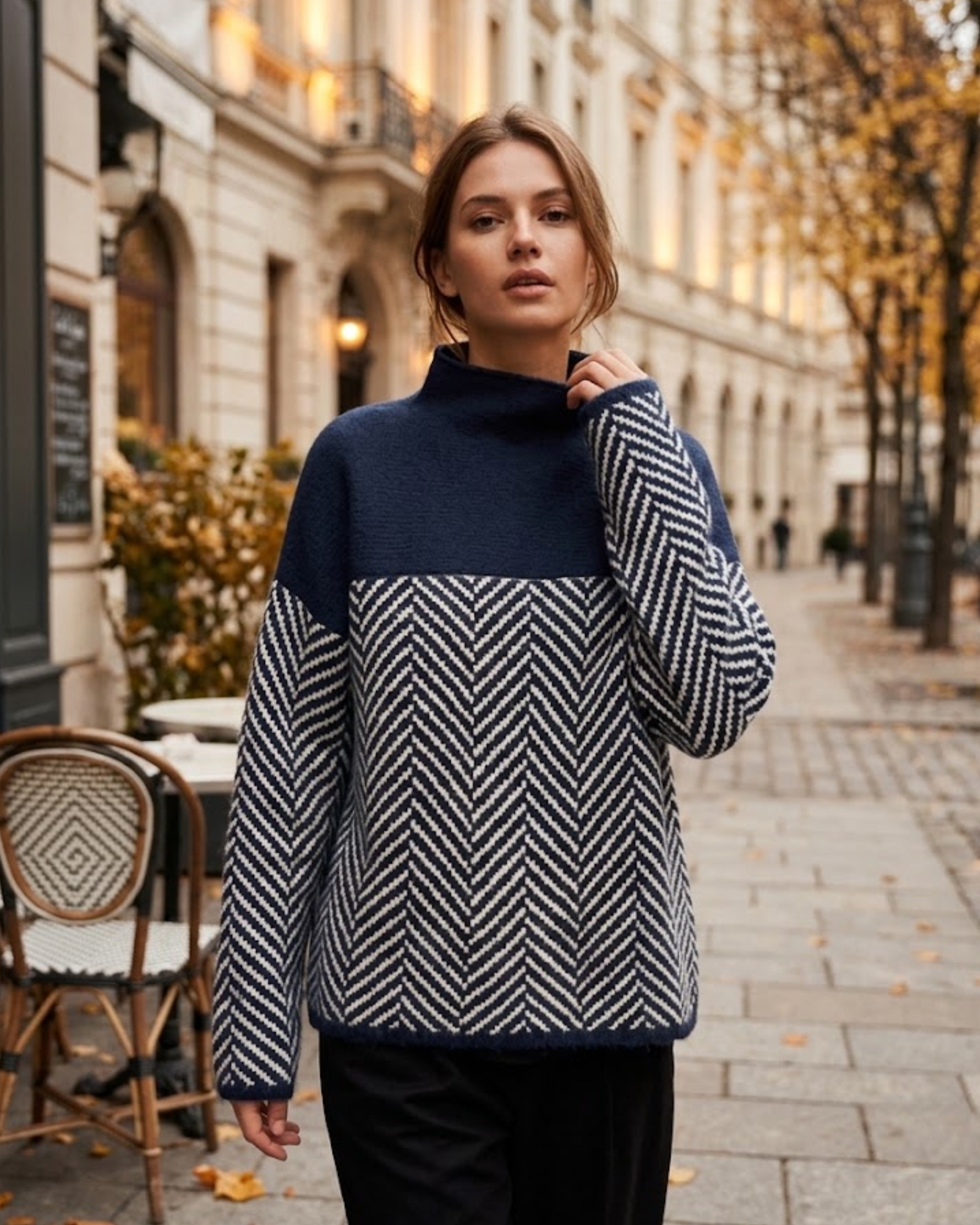 Women's turtleneck sweater cashmere blend, oversized chevron pattern winter knit